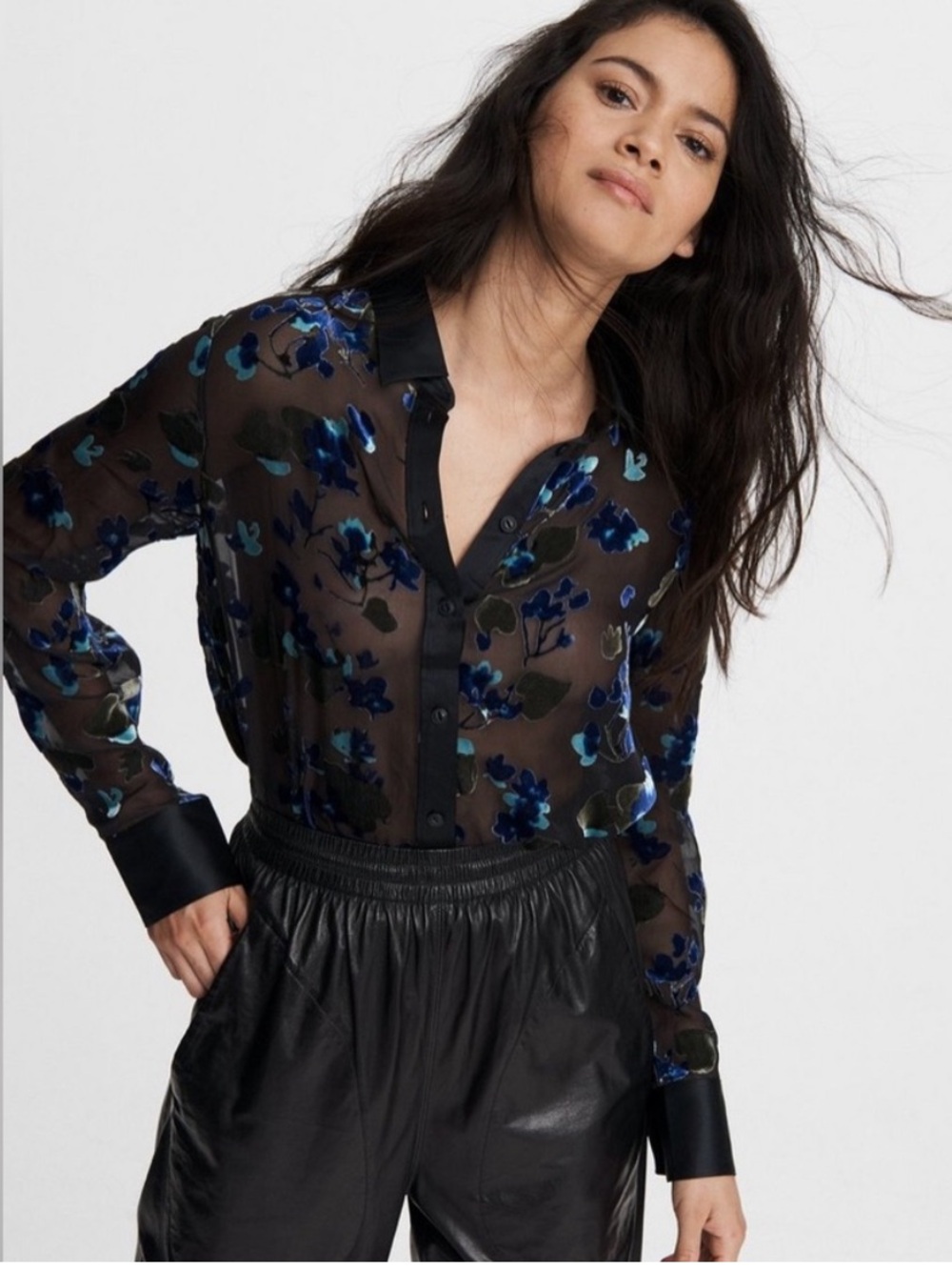 Rag & Bone || Gigi Velvet Burnout Floral Blouse Button Down Silk Black Blue S